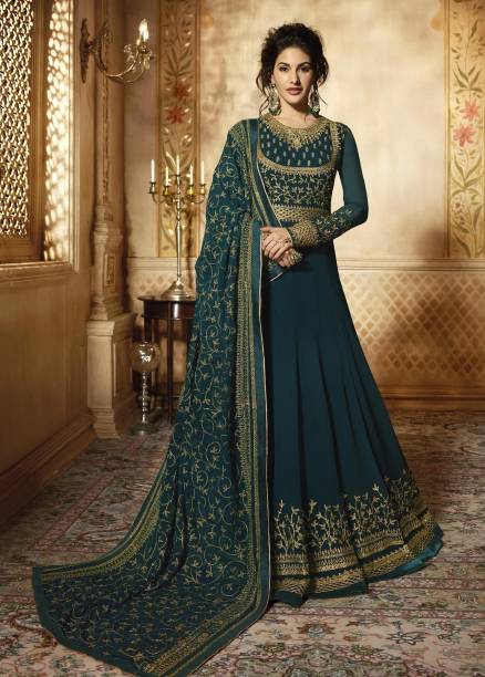 Semi Stitched Georgette Gown/Anarkali Kurta & Bottom Material Embroidered Price in India