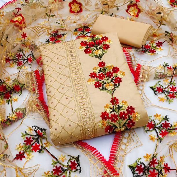Unstitched Cotton Blend Salwar Suit Material Embroidered