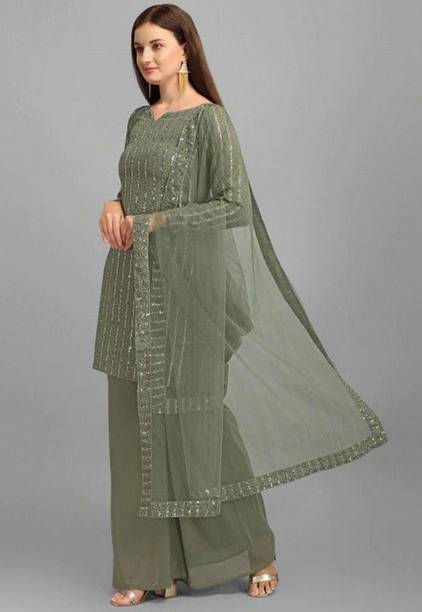 SYBROTHER Georgette Embroidered Kurta & Sharara Fabric Price in India - Buy SYBROTHER Georgette Embroidered Kurta & Sharara Fabric online at... - Image 3