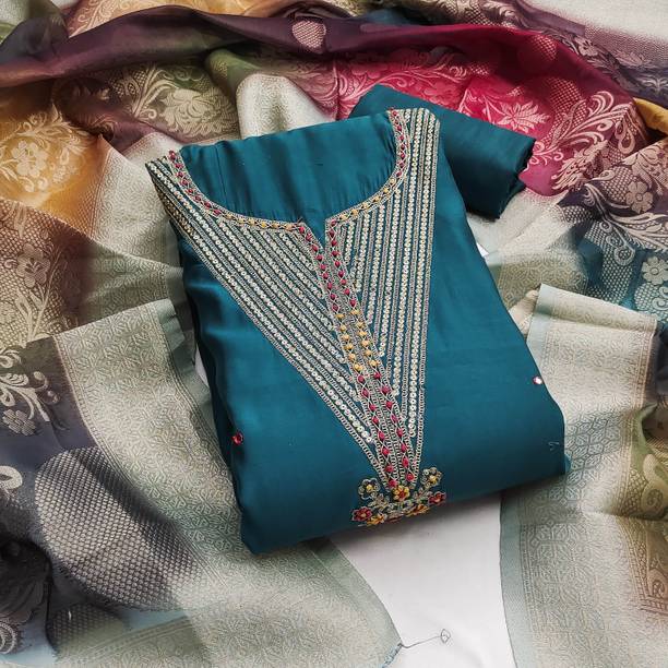 manvaa Silk Blend Embellished Salwar Suit Material