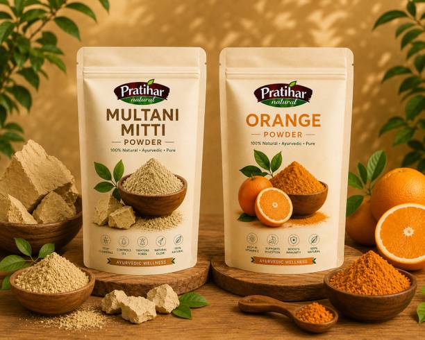 Pratihar Natural Multani Mitti & Orange Peel Powder (500g Each) for Glowing Skin & Tan Removal