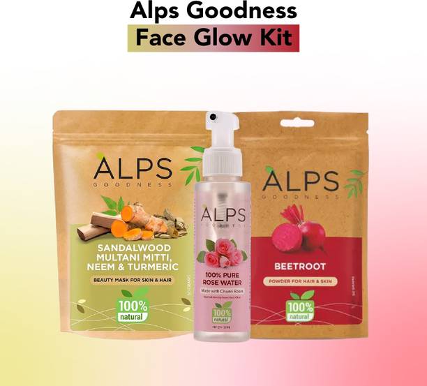 Alps Goodness Face Glow Kit: Sandalwood Turmeric + Beetroot Powders (50gx2) & Rose Water 100ml
