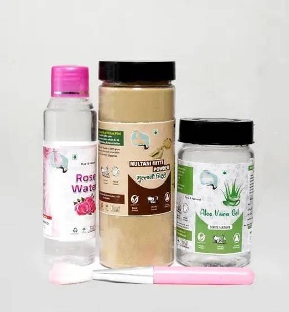 एल्डरवैंड 100% Natural Multani Mitti Powder For Skin, Rose Water, Brush & Aloe Vera Gel