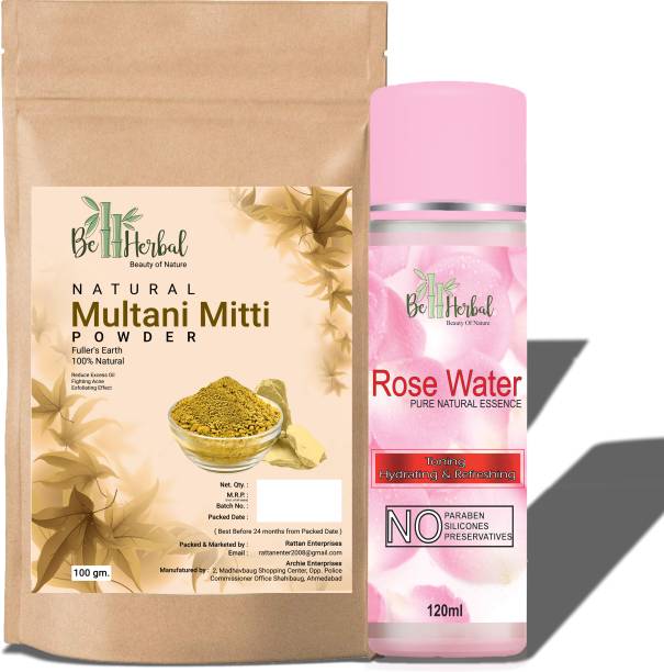 BE HERBAL Multani mitti powder 100gm+Rose water 120ml combo Face & Skin Glow &100% Natural