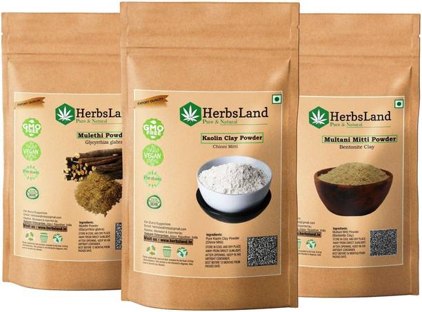 HerbsLand 100% Premium Natural Chinni Mitti (Kaolin Clay) Powder, Multani Mitti Powder And Mulethi (licorice Powder For Face & Skin Care (100gm Each)