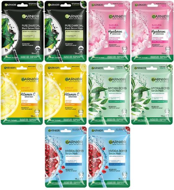 GARNIER Sheet Mask Pack Of 10 (Vit C +Sakura+Charcoal+Hydra+Green Tea) PO10