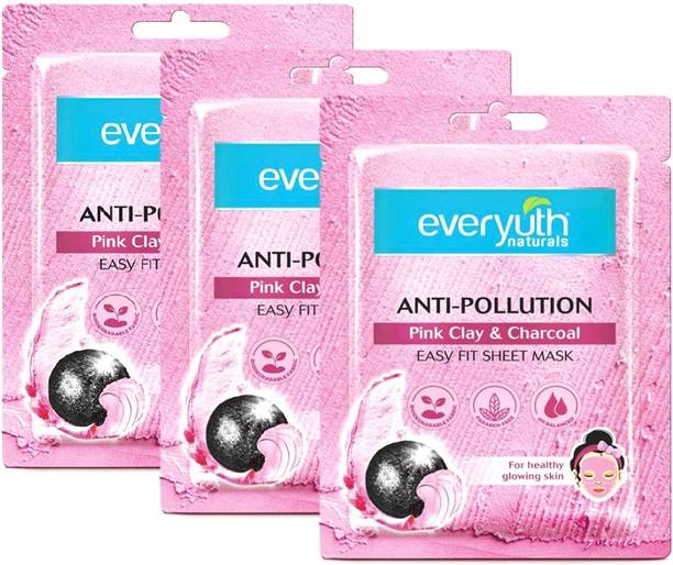 Everyuth Naturals Anti Pollution Pink Clay & Charcoal Sheet Mask (Pack of 3 * 25ml)