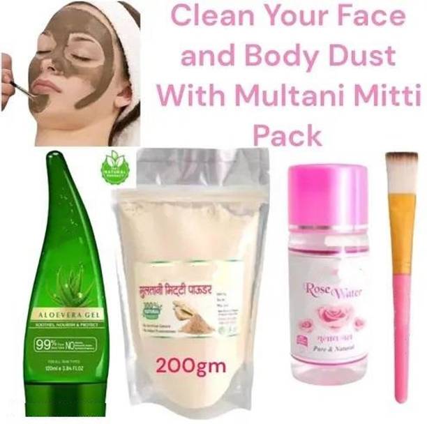 Elderwand 100% Natural Multani Mitti Aloevera Gel Face Pack Brush Gulab Jal Combo