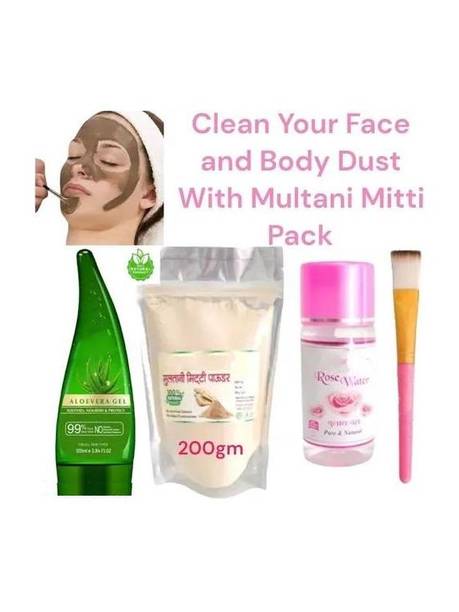 Elderwand 100% Natural Multani Mitti Aloevera Gel Face Pack Brush Gulab Jal Combo