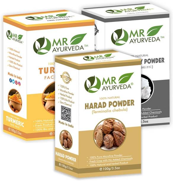 MR Ayurveda Harad Powder, Turmeric Face Pack Powder & Kaolin Clay Powder - Pack of 3