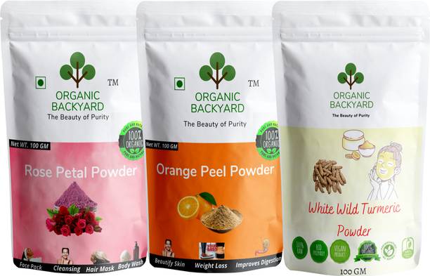 Organic Backyard Rose petal,orange peel and white wild turmeric powder for Face Care 100gm Each