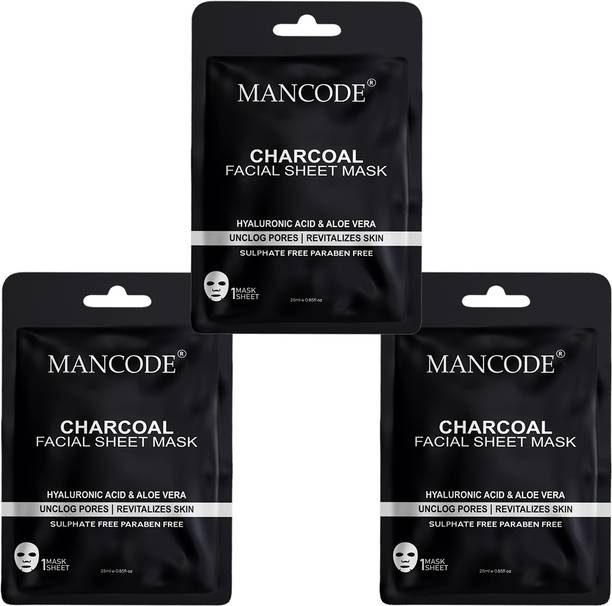 मैनकोड Charcoal Facial Sheet Mask for Men & Women Korean Sheet Mask Pack of 3
