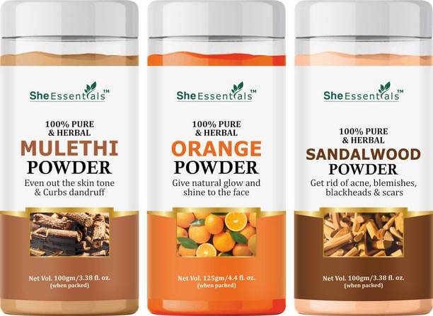She Essentials Natural Mulethi Face Pack, Orange Pack Powder, Sandalwood Powder for Skin Care