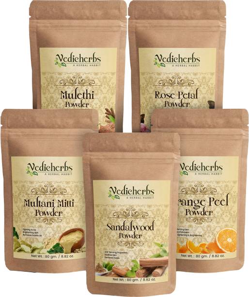 वैदिकहर्ब्स Multani Mitti, Sandalwood, Orange Peel, Mulethi & Rose Petal Powder Combo Pack