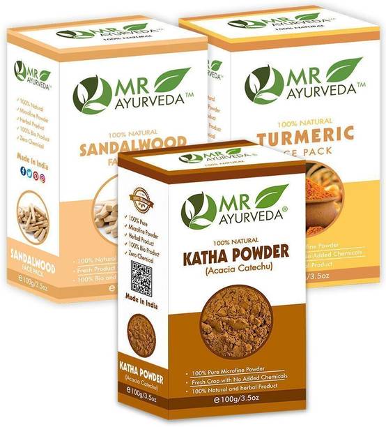 MR Ayurveda Katha Powder, Sandalwood Face Pack Powder & Turmeric Face Pack Powder - Set of 3