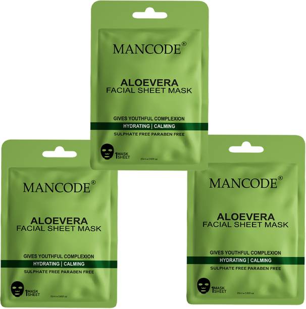 मैनकोड Aloevera Facial Sheet Mask for Men & Women Korean Sheet Mask Pack of 3