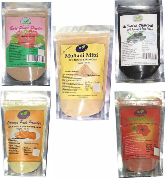 matruveda 100% pure face pack 5 in 1 combo - Activated Charcoal powder 100gm, Orange peel 100gm, Rose flower powder 100gm, Hibiscus flower face care powder 100gm & Multani mitti 300gm