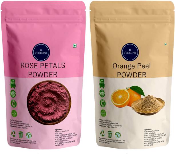 VEDICINE 100% Organic & Natural Orange Peel Powder and Rose Petal Powder For Face Pack