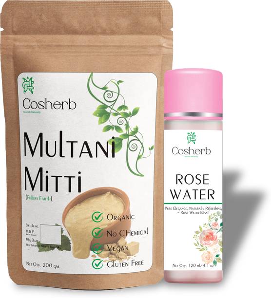 Cosherb 100% Pure Multani Mitti Rose Water for Face Pack & Glow skin