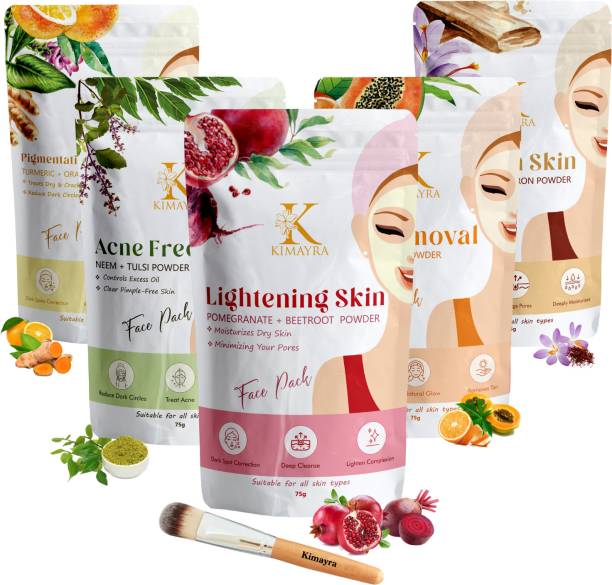 Kimayra World Organic Face Pack & Skin Care Powder Combo For Acne,Pimples,Brightening (75G *5)