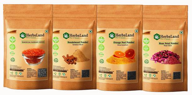 HerbsLand 100% Premium Sandalwood (Chandan), Orange Peel, Rose Petal Powder and Masoor Dal (Red Lentils-Seed) FacePack Powder For Face & Skin Care (100gm Each)