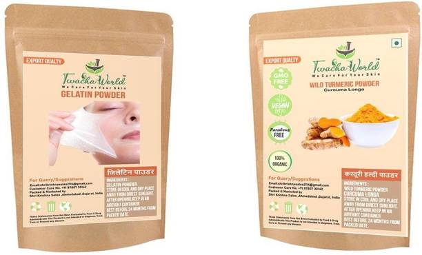 Twacha world Gelatin Powder 100 Gm And Wild Turmeric Powder 100 Gm For DIY Face Mask/ Peel off Mask/ Hair Removal (Skin Care)/Black Head And White Head Remover Pack of 2 (200 Gm)