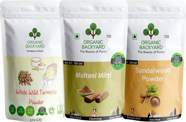 Organic Backyard White Wild Turmeric,Multani Mitti and Sandalwood Powder for Face Care 100gm Each