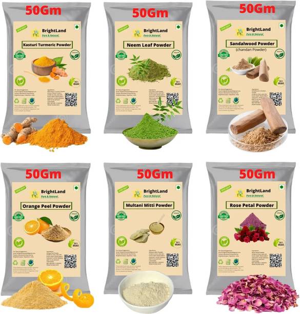 Brightland Combo Face Pack for Glowing Skin & Pimples(Multani Mitti Powder (50 g) , Chandan Powder (50 g), Orange Peel Powder (50 g), Rose Powder (50 g), Neem Powder (50 g) and Kasturi Haldi Powder (50 g) - All in Separate Packing - Total