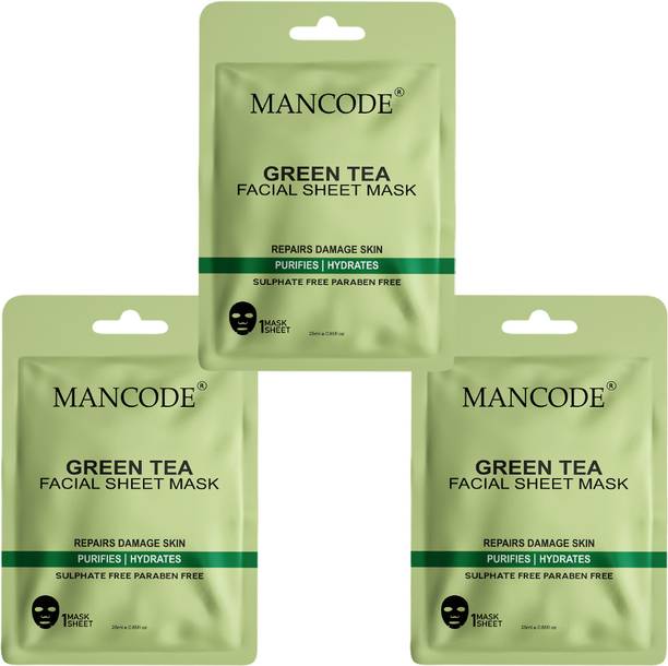 मैनकोड Green Tea Facial Sheet Mask for Men & Women Korean Sheet Mask Pack of 3