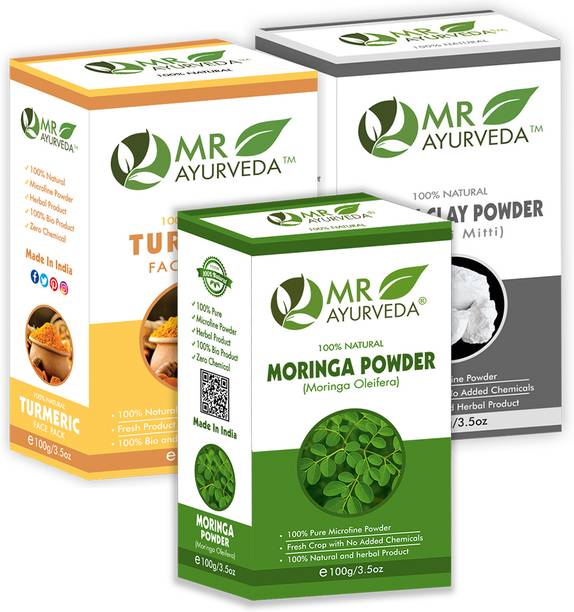 MR Ayurveda Moringa Powder, Turmeric Face Pack Powder and Kaolin Clay Powder - Pack of 3