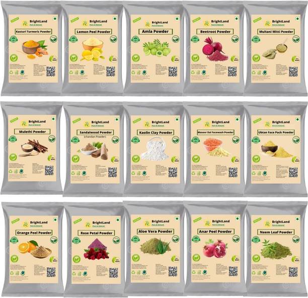 Brightland Combo of Skin care Kasturi turmeric Powder50g, Sandalwood powder50g, Mulethi powder50g, orange powder 50g, Lemon peel powder50g ,Multani mitti Powder 50g, white kaolin clay Powder 50g, Neem Powder 50g, Masoor Dal powder50g, Alovera Powder50g, Anar Powder 50g, Ubtn Powder 50g, Rose petel Powder 50g, Amla Powder 50g,