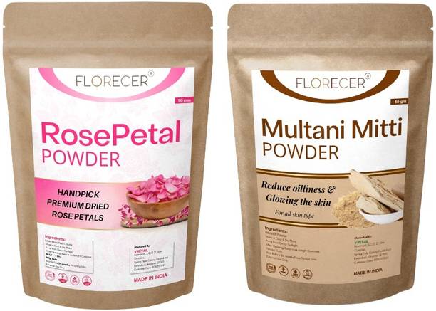 FLORECER Rose Petal Powder And Multani Mitti Powder For Face Pack- Each( 50 Gram)