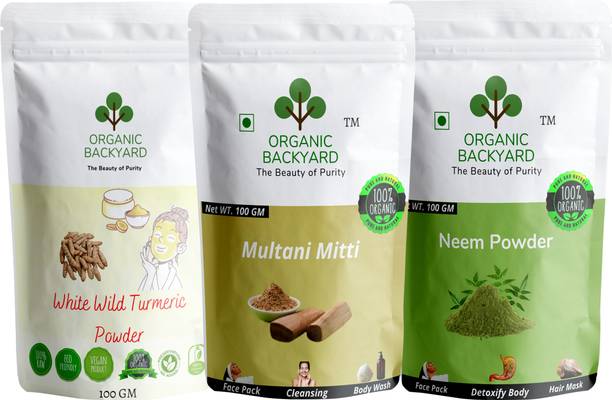 Organic Backyard White Wild Turmeric,Multani Mitti and Neem Powder for Face Care 100gm Each