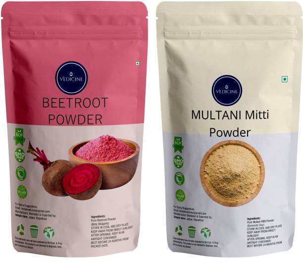 VEDICINE 100% Natural & Pure Beetroot Powder and Multani Mitti Powder For Face Pack And Hair Pack