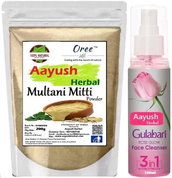 Aayush Herbal Multani Mitti Powder+Rose Water(100ml) 100% Natural for Skin Care