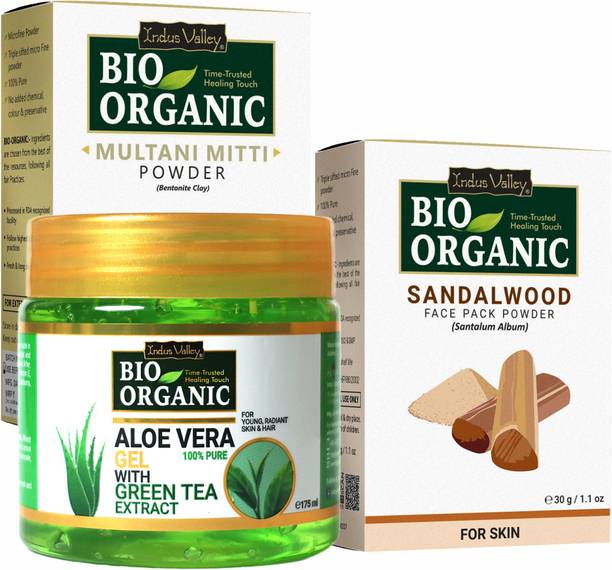 Indus Valley Bio Organic Sandalwood, Multani mitti Face Pack30g each with Aloe vera Gel 175ml
