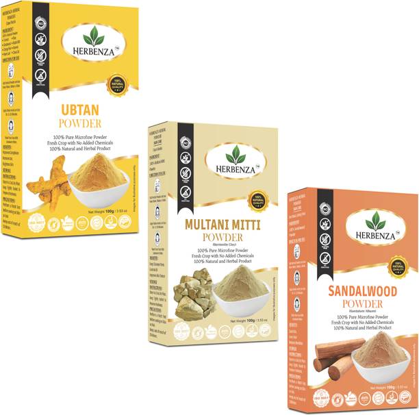 Herbenza Ubtan, Multani Mitti & Sandalwood Powder - 3-in-1 Ayurvedic Face Pack Kit | Each