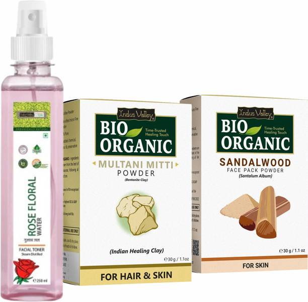 Indus Valley Bio Organic Sandalwood & Multani Mitti Powder- 30gm Each with Rose Water- 250ml