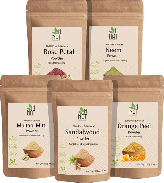 H NAT Multani Mitti, Sandalwood, Orange Peel, Neem & Rose Petal Powder Combo Pack