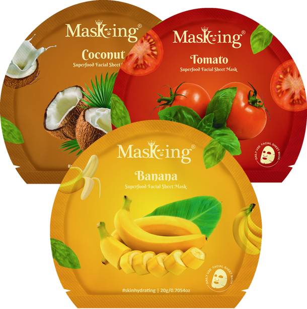 MasKing Superfood Banana, Tomato and Coconut Sheet Mask for Glowing Skin, Pack of 3