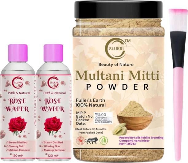 slukrl Combo Pack Multani Mitti Face Powder|Rose Water|Gulab Jal| Makeup Brush