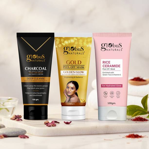 Globus Naturals Charcoal, Gold & Rice Peel Off Mask Combo Pack|Golden Glow & Radiance