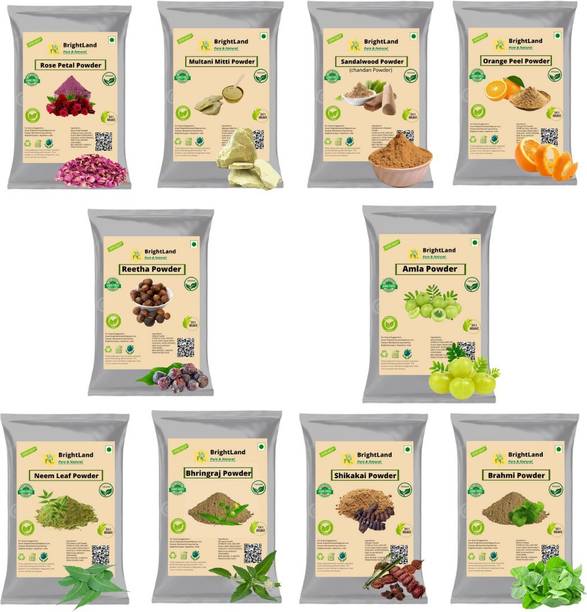Brightland Combo of Skin & Hair care 40gm Amla powder 40gm Reetha powder 40gm Sikhakai powder 40gm Bhringraj powder 40gm Brahmi Powder 40gm Sandalwood (chandan) Powder 40gm orange (Santra ) peel powder 40g Neem powder 40gm Rose petel powder 40gm Multani mitti powder All in Separate packing