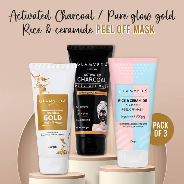 GLAMVEDA Activate Charcoal,Rice & Ceramide,Pure Glow Gold Peel Off Mask (pack Of 3)