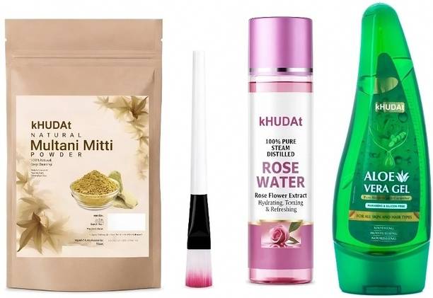kHUDAt 4-in-1 Skin Glowing : Multani Mitti, Rose Water, Aloe Vera Gel & Brush