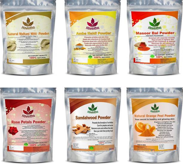 Havintha Natural Face Pack for Healthy and Glowing Skin Combo Pack of Multani Mitti, Sandal Wood, Orange Peel, Rose Petal, Masoor Dal, Amba Haldi Powder