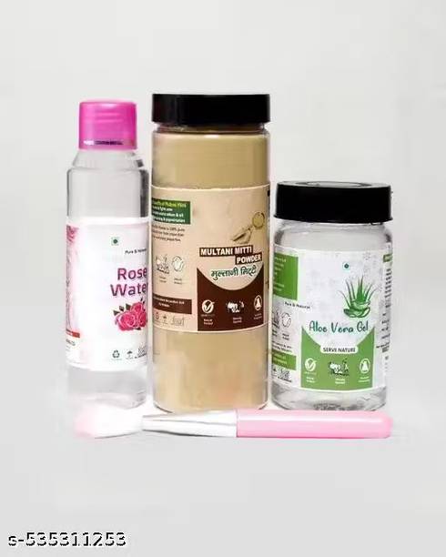 Elderwand 100% Natural Multani Mitti Powder For Skin, Rose Water, Brush & Aloe Vera Gel