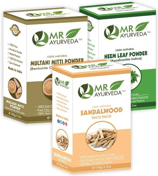 MR Ayurveda Sandalwood Face Pack Powder, Multani Mitti Powder and Neem Powder for Glowing Skin - Set of 3