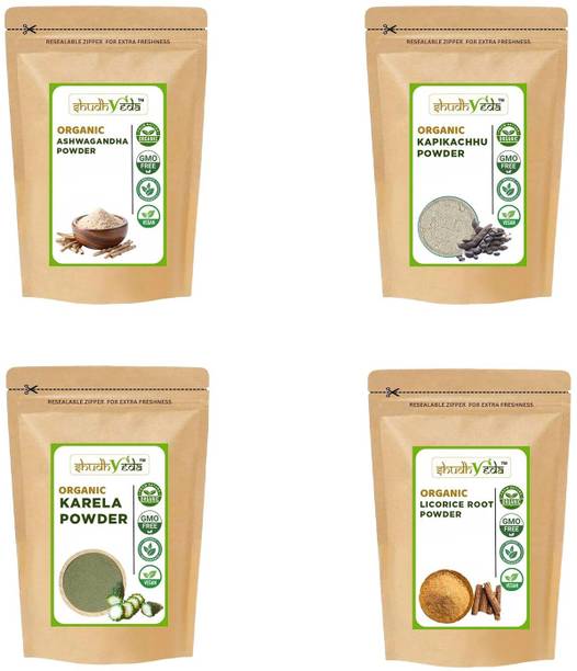 Shudhveda Organic Ashwagandha,Kapikachhu,Karela &Licorice Root Powder-Combo Pack (100g*4)