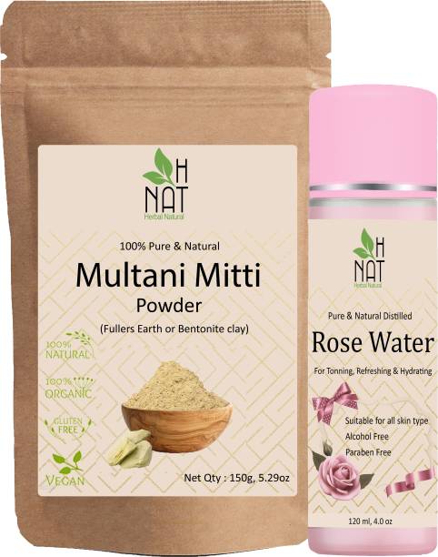 H NAT Multani mitti powder 150g+ Rose water 120ml Combo Face, Skin Glow & 100% Natural